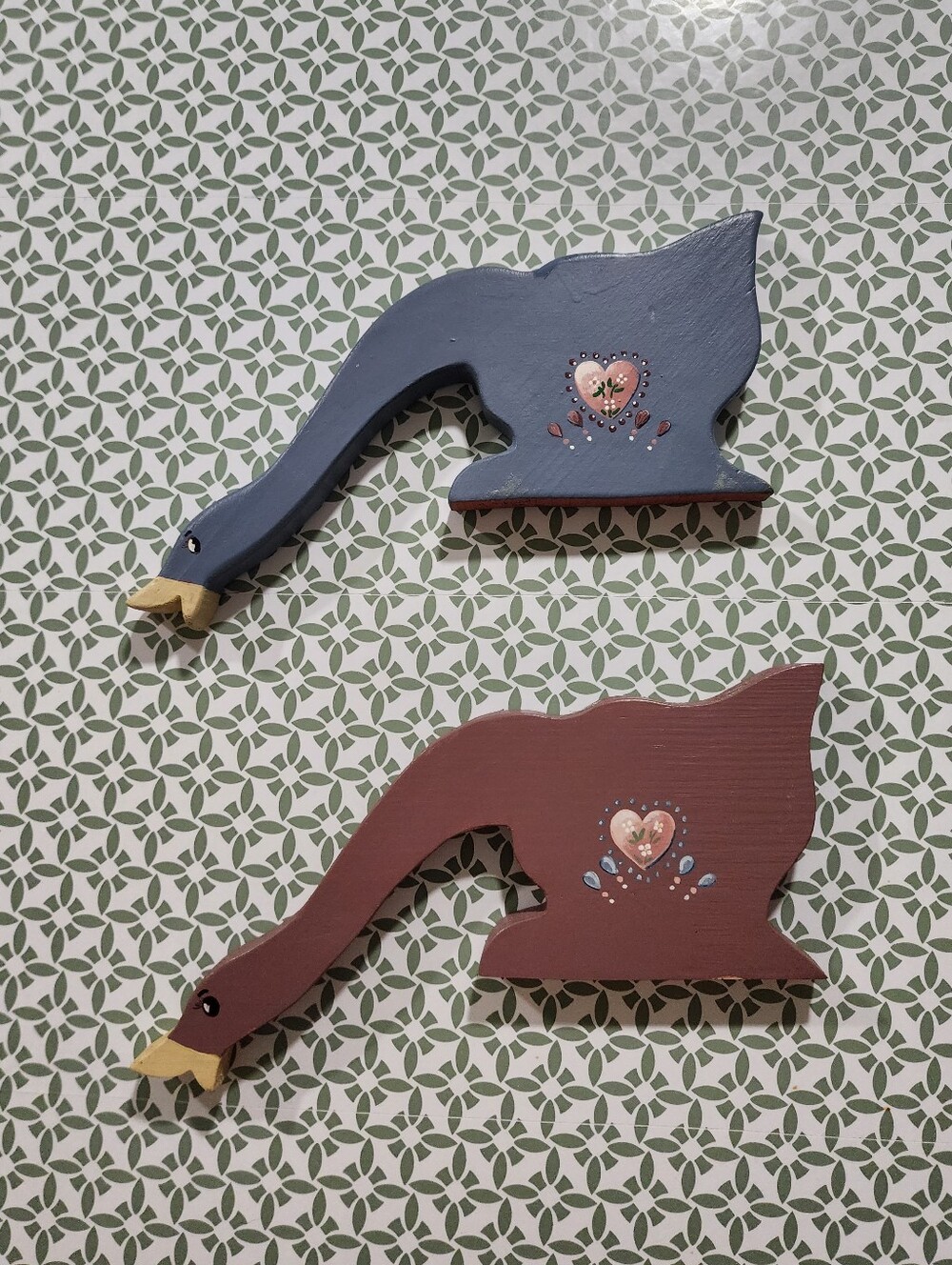 Handcrafted Wooden Geese Shelf Decor - Blue & Pink